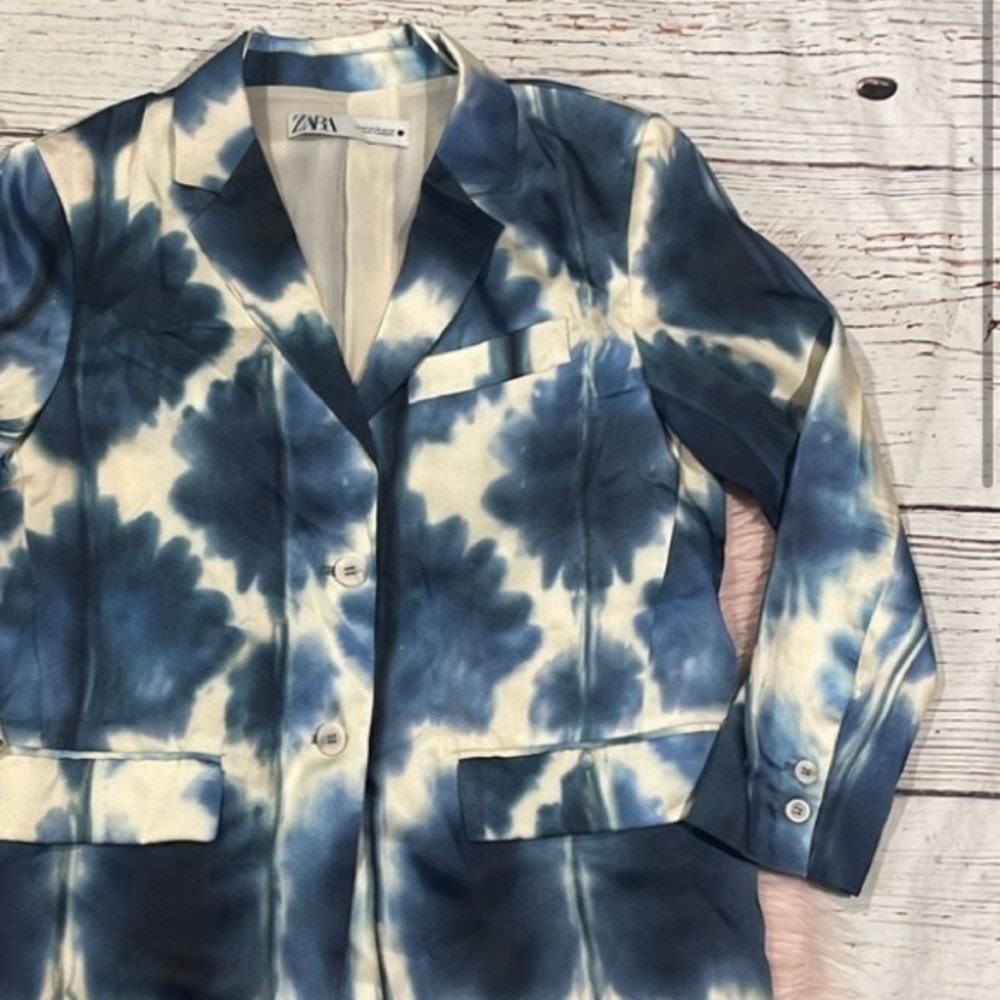 ZARA • Satin Effects Stylish Tie-Dye Blue & White Blazer Jacket - Picture 8 of 15